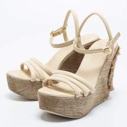 Pre Owned Tory Burch Cream Leather Ankle Strap Wedge Sandals Size 38