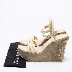 Pre Owned Tory Burch Cream Leather Ankle Strap Wedge Sandals Size 38