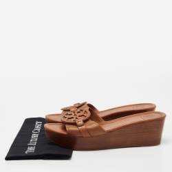 Pre Owned Tory Burch Tan Leather Selma Platform Wedge Sandals Size 41