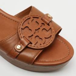 Pre Owned Tory Burch Tan Leather Selma Platform Wedge Sandals Size 41