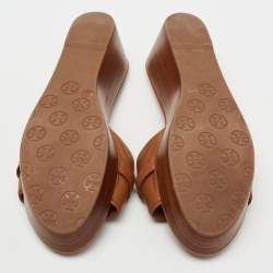 Pre Owned Tory Burch Tan Leather Selma Platform Wedge Sandals Size 41