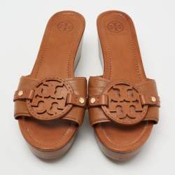 Pre Owned Tory Burch Tan Leather Selma Platform Wedge Sandals Size 41