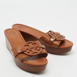 Pre Owned Tory Burch Tan Leather Selma Platform Wedge Sandals Size 41