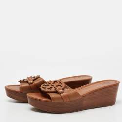 Pre Owned Tory Burch Tan Leather Selma Platform Wedge Sandals Size 41