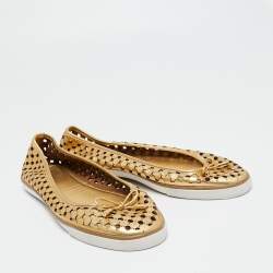 Pre Owned Tory Burch Metallic Gold Laser Cut Leather Bow Ballet Flats Size 40