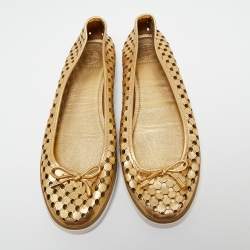 Pre Owned Tory Burch Metallic Gold Laser Cut Leather Bow Ballet Flats Size 40