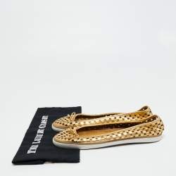 Pre Owned Tory Burch Metallic Gold Laser Cut Leather Bow Ballet Flats Size 40