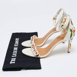 Pre Owned Tory Burch Off-White Embroidered Canvas Ankle Strap Sandals Size 39.5