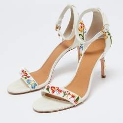 Pre Owned Tory Burch Off-White Embroidered Canvas Ankle Strap Sandals Size 39.5