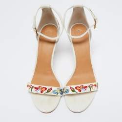 Pre Owned Tory Burch Off-White Embroidered Canvas Ankle Strap Sandals Size 39.5