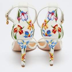Pre Owned Tory Burch Off-White Embroidered Canvas Ankle Strap Sandals Size 39.5