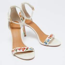 Pre Owned Tory Burch Off-White Embroidered Canvas Ankle Strap Sandals Size 39.5