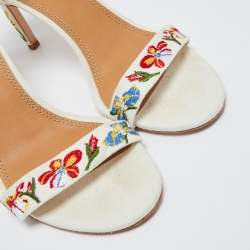 Pre Owned Tory Burch Off-White Embroidered Canvas Ankle Strap Sandals Size 39.5
