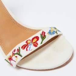 Pre Owned Tory Burch Off-White Embroidered Canvas Ankle Strap Sandals Size 39.5