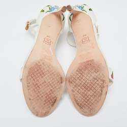 Pre Owned Tory Burch Off-White Embroidered Canvas Ankle Strap Sandals Size 39.5