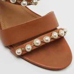 Pre Owned Tory Burch Brown Leather Emmy Pearl Ankle Strap Sandals Size 37