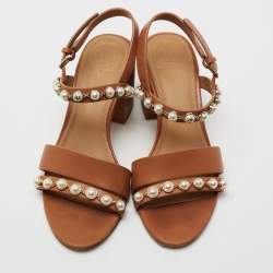 Pre Owned Tory Burch Brown Leather Emmy Pearl Ankle Strap Sandals Size 37