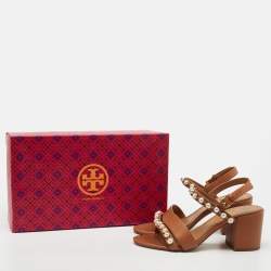 Pre Owned Tory Burch Brown Leather Emmy Pearl Ankle Strap Sandals Size 37