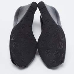 Pre Owned Tory Burch Black Leather Sophie Peep-Toe Wedge Pumps Size 40.5