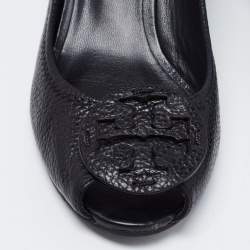 Pre Owned Tory Burch Black Leather Sophie Peep-Toe Wedge Pumps Size 40.5