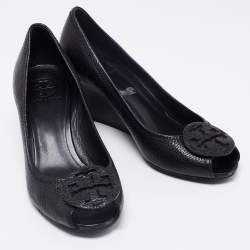 Pre Owned Tory Burch Black Leather Sophie Peep-Toe Wedge Pumps Size 40.5