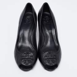 Pre Owned Tory Burch Black Leather Sophie Peep-Toe Wedge Pumps Size 40.5