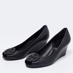 Pre Owned Tory Burch Black Leather Sophie Peep-Toe Wedge Pumps Size 40.5