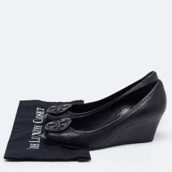 Pre Owned Tory Burch Black Leather Sophie Peep-Toe Wedge Pumps Size 40.5