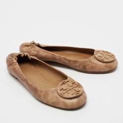 Pre Owned Tory Burch Light Brown Python Embossed Leather Reva Ballet Flats Size 39