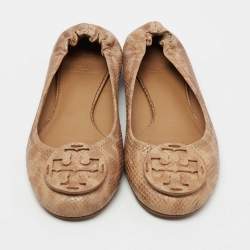 Pre Owned Tory Burch Light Brown Python Embossed Leather Reva Ballet Flats Size 39