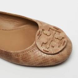 Pre Owned Tory Burch Light Brown Python Embossed Leather Reva Ballet Flats Size 39