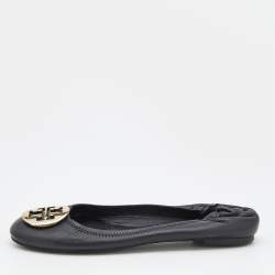 Pre Owned Tory Burch Black Leather Minnie Scrunch Ballet Flats Size 38.5