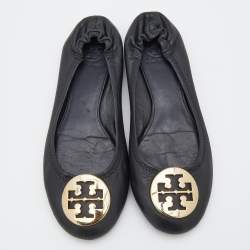 Pre Owned Tory Burch Black Leather Minnie Scrunch Ballet Flats Size 38.5