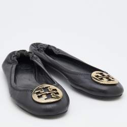 Pre Owned Tory Burch Black Leather Minnie Scrunch Ballet Flats Size 38.5