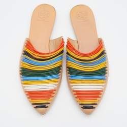 Pre Owned Tory Burch Multicolor Leather Rainbow Sienna Flat Mules Size 37.5