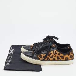 Pre Owned Tory Burch Black/Brown Leopard Print Calf Hair And Leather Low Top Sneakers Size 38