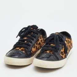 Pre Owned Tory Burch Black/Brown Leopard Print Calf Hair And Leather Low Top Sneakers Size 38