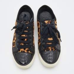Pre Owned Tory Burch Black/Brown Leopard Print Calf Hair And Leather Low Top Sneakers Size 38