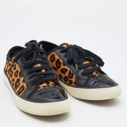 Pre Owned Tory Burch Black/Brown Leopard Print Calf Hair And Leather Low Top Sneakers Size 38