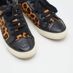 Pre Owned Tory Burch Black/Brown Leopard Print Calf Hair And Leather Low Top Sneakers Size 38