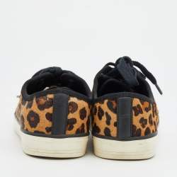Pre Owned Tory Burch Black/Brown Leopard Print Calf Hair And Leather Low Top Sneakers Size 38