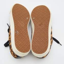 Pre Owned Tory Burch Black/Brown Leopard Print Calf Hair And Leather Low Top Sneakers Size 38