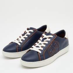 Pre Owned Tory Burch Navy Blue Leather Chance Low Top Sneakers Size 37.5