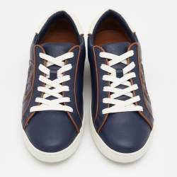 Pre Owned Tory Burch Navy Blue Leather Chance Low Top Sneakers Size 37.5