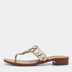 Pre Owned Tory Burch Metallic Crinkled Leather Embellished Thong Flats Size 36.5