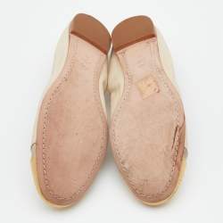 Pre Owned Tory Burch Beige/Gold Leather Logo Plaque Scrunch Ballet Flats Size 38