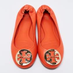 Pre Owned Tory Burch Orange Leather Reva Scrunch Ballet Flats Size 39