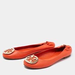 Pre Owned Tory Burch Orange Leather Reva Scrunch Ballet Flats Size 39