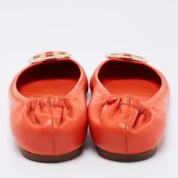 Pre Owned Tory Burch Orange Leather Reva Scrunch Ballet Flats Size 39
