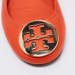Pre Owned Tory Burch Orange Leather Reva Scrunch Ballet Flats Size 39